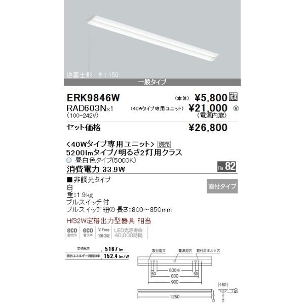 遠藤照明LEDベースライト40W型 直付 逆富士形プルスイッチ付 W150