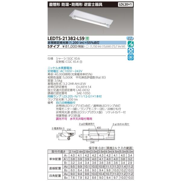 非常灯　LED蛍光灯　東芝直管形LEDベースライト逆富士器具器具防湿防雨20W型1灯長時間 Sタイプ 水素蓄電池　ＬＥＤ蛍光灯付き　LEDTS-21382-LS9