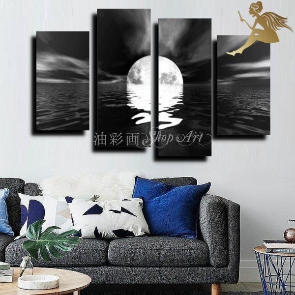 絵画　壁掛け　風景　海　モダン　アートパネル　インテリア　手書きの油彩画　４枚セット　モノトーン　海と半月