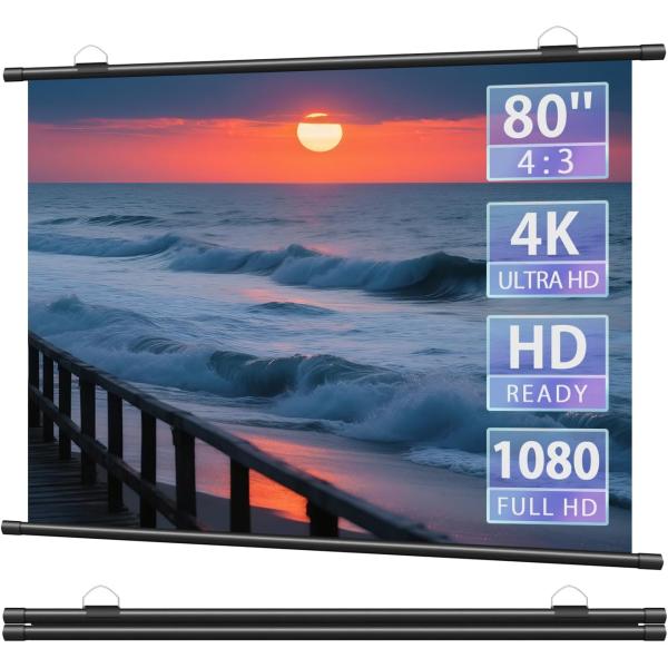 プロジェクタースクリーン 80インチ 4:3 4K対応 壁掛け 吊り下げ式 ロール式 屋内外兼用 170°広視野角 ホームシアター 会議用 軽量 adokin