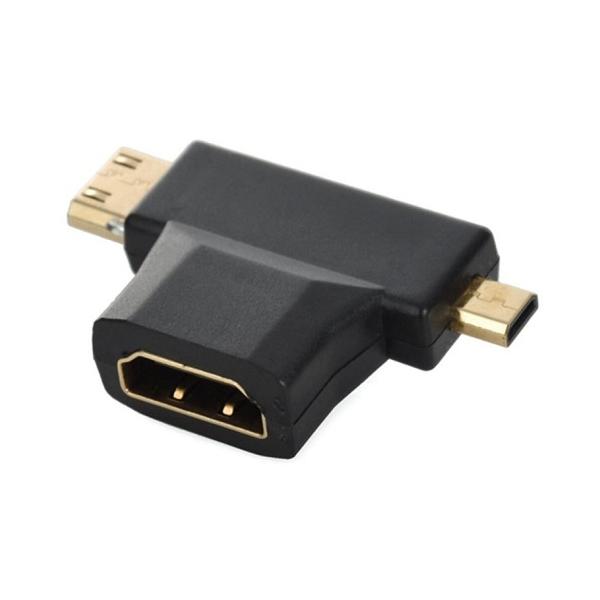 HDMI変換アダプタ HDMI(メス) - Mini HDMI(オス)/ micro HDMI(オス) 二股 T型 2in1 アダプター ミニHDMI マイクロHDMI _