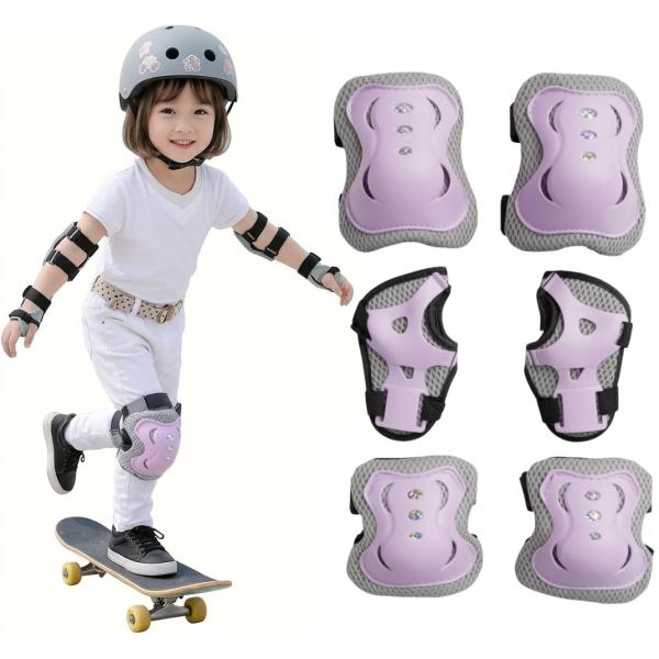 【並行輸入品】キッズプロテクター 6点セット (パープル) 子供用 手首 肘 膝 保護 怪我防止 一輪車 自転車 スケボー ローラースケート .