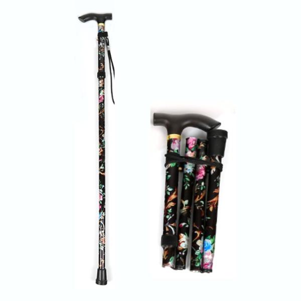 花柄 折りたたみステッキ 《ブラック》 伸縮折りたたみ式杖 伸縮杖