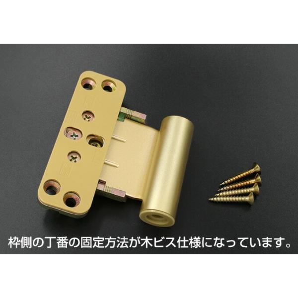 ●2008年11月 製造中止品のメンテナンス部材です。●丁番の固定方法が木ビス仕様になっています。●開き戸 枠側上用の丁番です。●右開き用 ゴールド色です。●軸受け、軸カバーも含みます。●2004年8月よりこの仕様ですが1997年8月以降2...