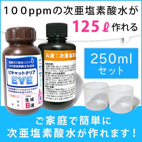 このセットで作れる次亜塩素酸水のピキャットクリアは、通常の次亜塩素酸水には持てない抗菌力を有しています。「各種有機酸のパワー！」生成日より1週間程度は酢の臭いが多少強くなることがありますので、ご了承ください。■２５０ml生成液セット内容■・...