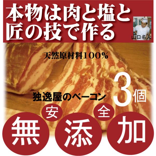 無添加ベーコン 匠技で作る本物ドイツベーコン 180g以上 ×３個 塩控えめタイプ・添加油肉不使用・自然材料100％