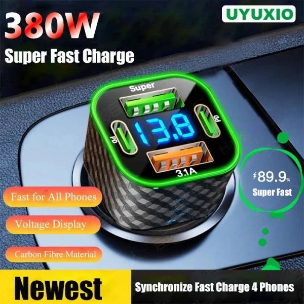 3 シガーソケット 急速充電器 2USB  2PD 380Ｗ 急速充電　カーチャージャー 4ポート LED USB 急速充電器 Type-C 車載充電器 スマホ充電器  コンパクトサイズ