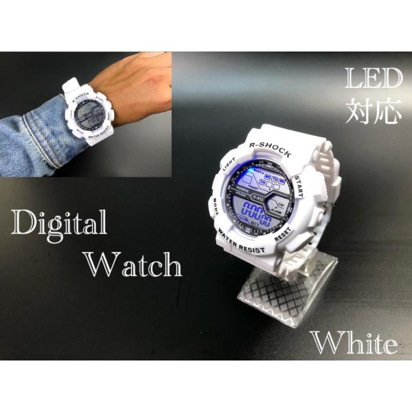 スポーツ腕時計　LED デジタル 腕時計 時計　ミリタリー　自転車 スポーツ アウトドア キャンプ　男女兼用　ランニング アクリルケース　ホワイト