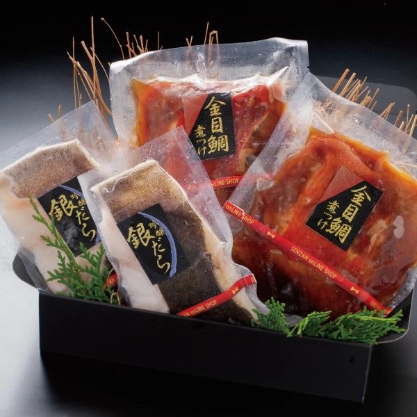 商品名：せんざん 金目鯛煮付け・吟醸酒粕漬け銀だらセットセット内容：吟醸酒粕漬け銀だら×2切れ(1切れ約120g)、金目鯛煮つけ×2切れ(1切れ約120g)原材料：「金目鯛煮付け120g」金目鯛、糖類(砂糖混合ぶどう糖果糖液糖、砂糖、水あめ...