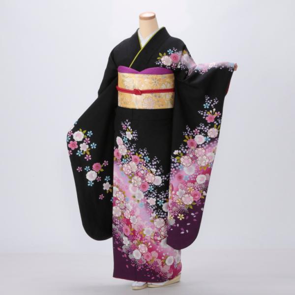 未使用に近い　正絹振袖フルセット　黒地　華やかな花柄振袖　成人式に 京都きもの友禅 振袖 中古 フルセット 成人式 Mサイズ 花柄 黒系 着物