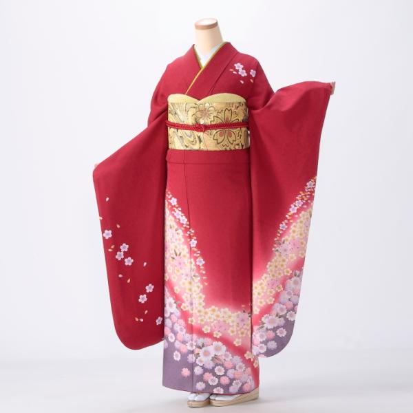 美品⭐︎京都きもの友禅⭐︎赤花柄振袖 正絹 一式セット⭐︎ 京都きもの友禅 振袖 成人式 フルセット Lサイズ 花柄 赤・ワイン系