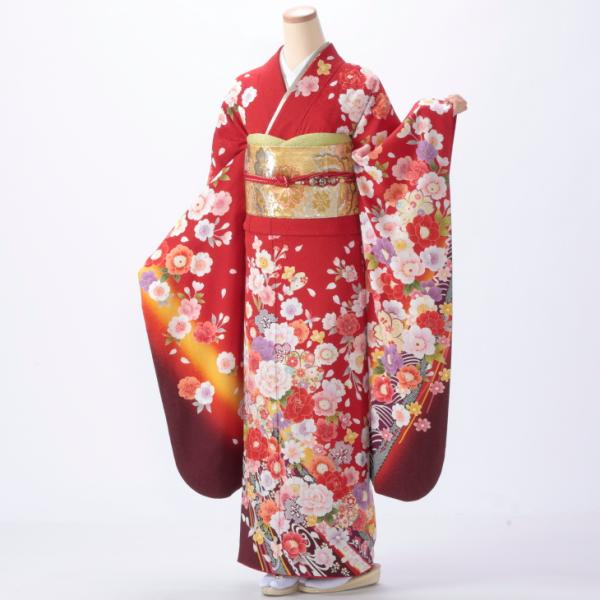 京都きもの友禅 振袖 中古 フルセット 成人式 Mサイズ 古典 赤・ワイン