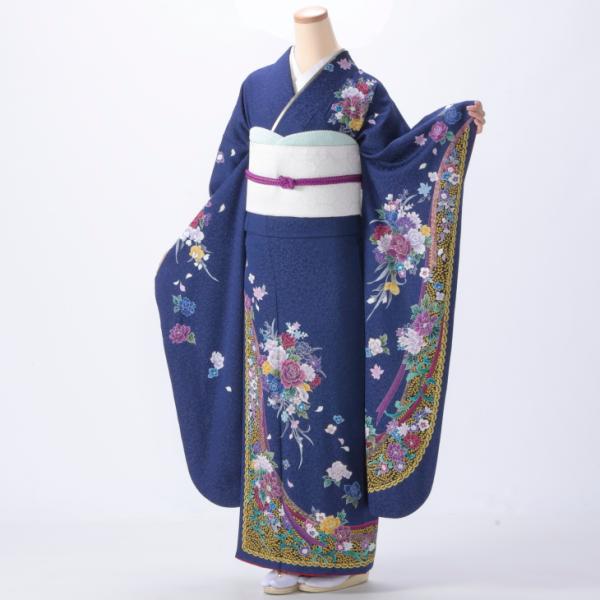 京都きもの友禅 振袖 中古 フルセット 成人式 Lサイズ モダン 青・紺系