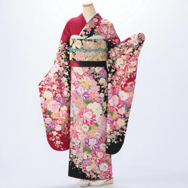 京都きもの友禅 振袖 中古 フルセット 成人式 Mサイズ 花柄 赤・ワイン