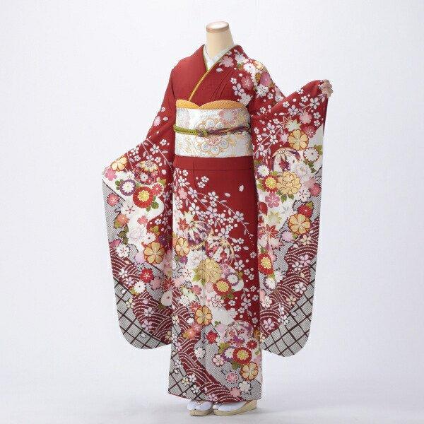 京都きもの友禅 振袖 中古 フルセット 成人式 Mサイズ 古典 赤・ワイン