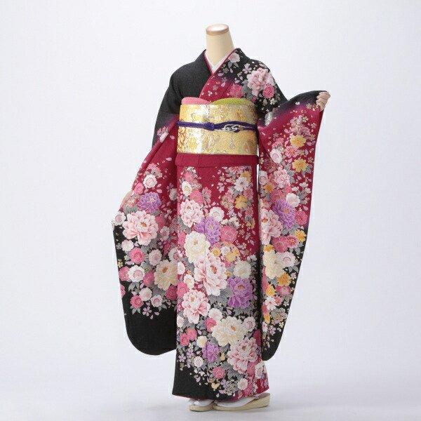 京都きもの友禅 振袖 中古 フルセット 成人式 Lサイズ 花柄 黒系 着物