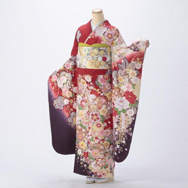 成人式振袖フルセット 赤とクリーム 花柄　Lサイズ　京都着物友禅 京都きもの友禅 振袖 中古 フルセット 成人式 Lサイズ 花柄 赤