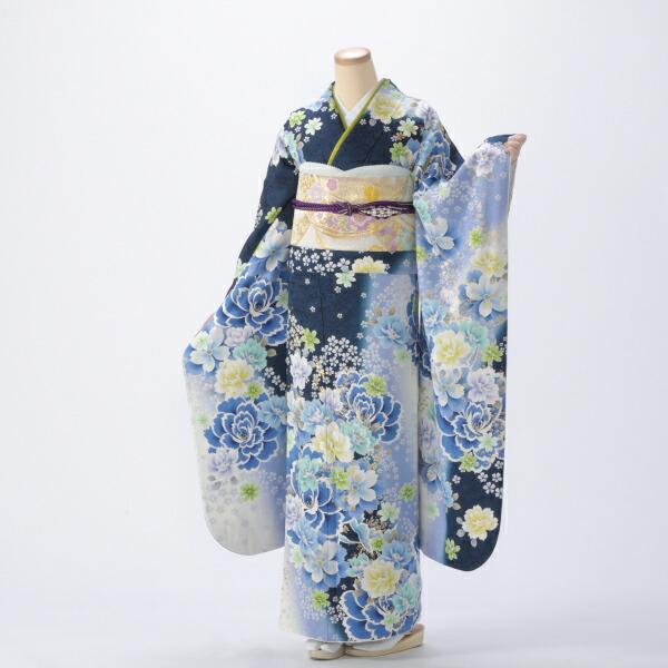 【美品】振袖 京都きもの友禅 振袖 中古 フルセット 成人式 Mサイズ モダン 青・紺系