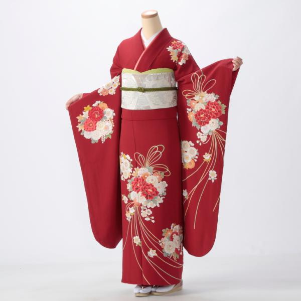 【美品】◆ 振袖6点セット161.5cm ◆フルセット赤レッド系成人式 SP47 京都きもの友禅 振袖 成人式 フルセット Lサイズ ロマン柄 赤・ワイン