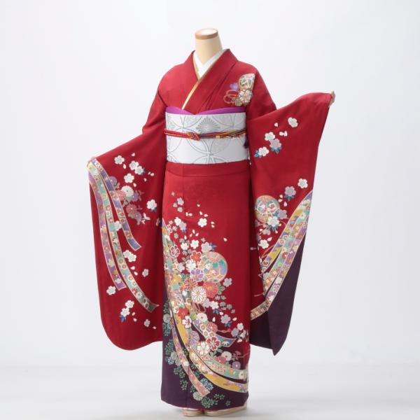 美品⭐︎京都きもの友禅⭐︎赤花柄振袖 正絹 一式セット⭐︎ 京都きもの友禅 振袖 成人式 フルセット Mサイズ 花柄 赤・ワイン系