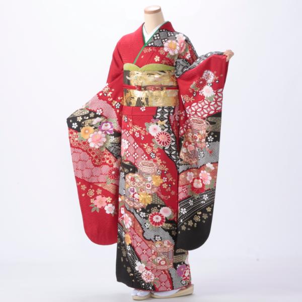 京都きもの友禅　80万円　振袖フルセット 正絹 豪華古典柄 成人式 結婚式 赤 京都きもの友禅 振袖 中古 フルセット 成人式 Mサイズ 古典 赤・ワイン