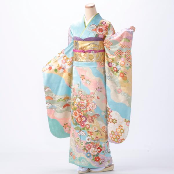 美品／着物　振袖　正絹　フルセット　成人式　祝い事　フォーマル　京都きもの友禅 京都きもの友禅 振袖 中古 フルセット 成人式 Mサイズ 古典 青