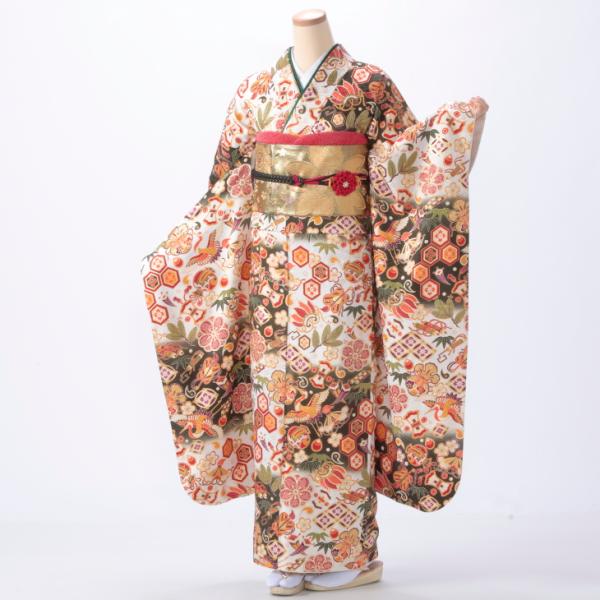 京都きもの友禅 振袖 中古 フルセット 成人式 Lサイズ 古典 グリーン系