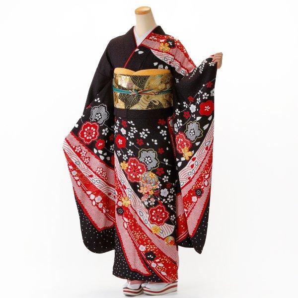 京都きもの友禅 振袖 中古 フルセット 成人式 Lサイズ 絞り 黒系