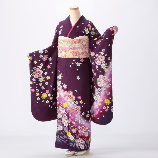 紫色 花柄 振袖 正絹着物　成人式　卒業式結婚式　中古美品 時間限定セール 京都きもの友禅 振袖 成人式 フルセット Mサイズ 花柄 紫系 着物 購入