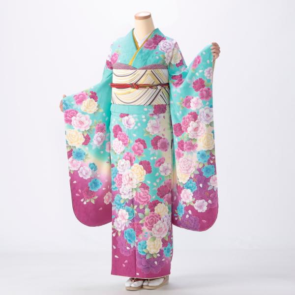 京都きもの友禅 振袖 成人式 フルセット Lサイズ 花柄 グリーン系 着物