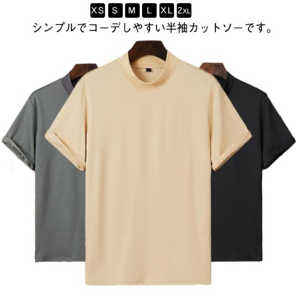 ゴルフウェア ハイネック Tシャツ メンズ 半袖 無地 トップス カットソー スポーツ ティーシャツ モックネック カジュアル ランニング ジム 運動