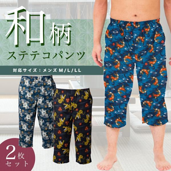 和風柄 ステテコパンツ メンズ 7分丈 前あき 綿100％ 和風 和柄 通気性 速乾性 2枚 セット M L LL インナー メンズインナー ステテコ 前開き 快適 ゆったり