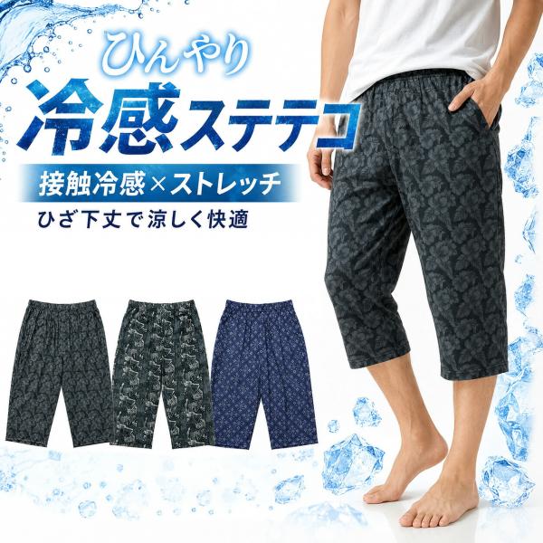 ステテコ メンズ 7分丈 ひざ下丈 ルームウェア パンツ ナイロン ストレッチ サイドポケット付き 涼しい 部屋着 パジャマ ゆったり 夏用 1枚 2枚セット M L LL