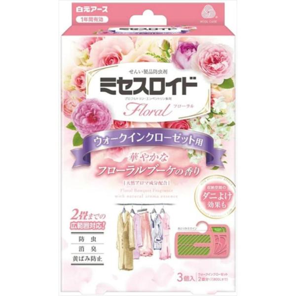 洗いたてのようなやさしい香りのする防虫剤。広い空間をしっかり守ります。防虫・消臭・黄ばみ防止機能付き。収納空間のダニよけ効果も。ウォークインクローゼット２畳分（７，８００Ｌまで）。１年間有効。フローラルブーケの香り。