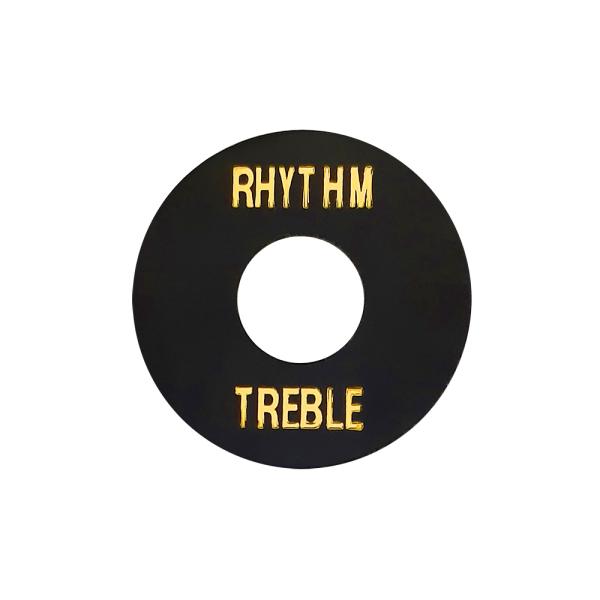 レスポールモデルなどのトグルスイッチ用プレート。プレートカラーはブラック、文字カラーはゴールド。取り付け穴内径12.5mmとなります。※Switchcraftなどのインチ規格トグルにも対応しておりますが、ディープトグルナットなどと併用する場...