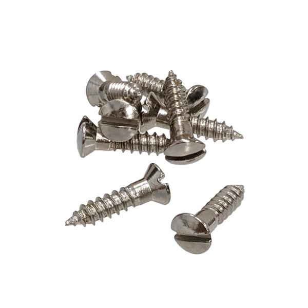 初期のテレキャスターなどに採用されていたマイナス頭のピックガード・プレート取付用ねじ。インチ規格、#4(約2.8mm)×1/2"(約12.8mm)、ニッケル、8本入りMade in USA