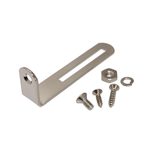 インチ規格のUSA製、レスポールピックガードブラケット現行品には見られないヴィンテージスタイルを踏襲したスチール素材、ネジ固定スリット部分が角ばった形状、現行品と比較して僅かにオーバーサイズな横幅Made in USA