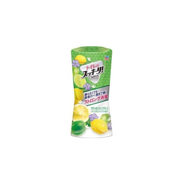 アース製薬　トイレのスッキーリ！　プレミアムシトラスの香り　400ｍｌはＷの消臭成分配合で、トイレの様なニオイをしっかり消臭するトイレ用消臭芳香剤です。トイレ用置き型、プレミアムシトラスの香りです。　【4901080647115】