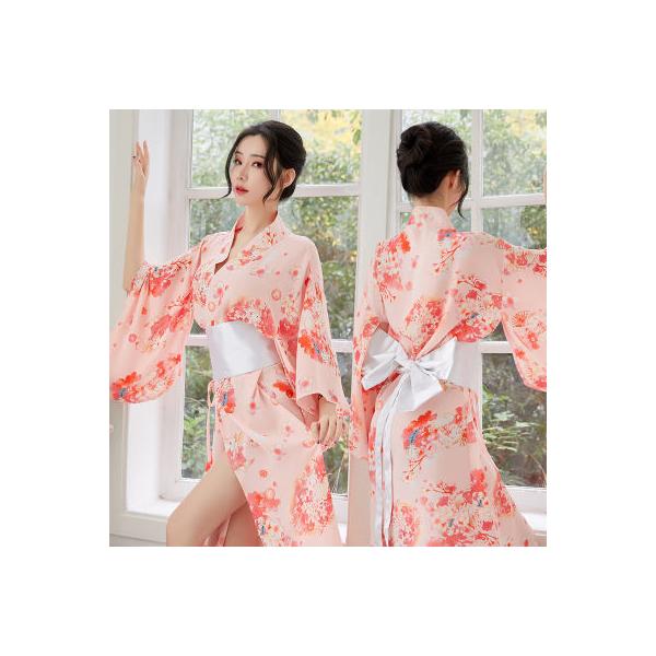 パジャマ レディース 浴衣 ランジェリー セクシー ロング シフォン ワンピース シースルー ルームウェア 花柄 和風 前開き 和服 下着 女性 夏 新作 送料無料