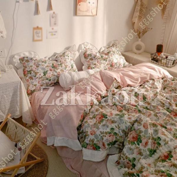 花柄フリル付きダブルシーツセット 寝具カバーセット 掛けカバー 姫系 花柄 フリル ロマンティック