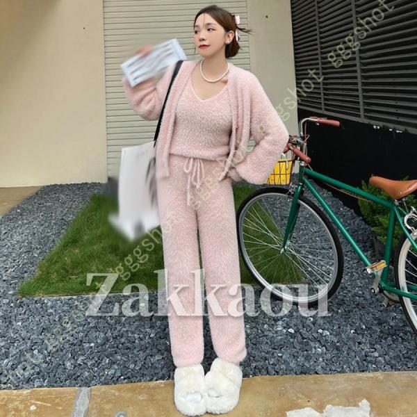 パジャマ レディース ルームウェア もこもこ 上下セット カーディガン ロングパンツ タンクトップ 3点セット ドット柄 可愛い おしゃれ 大人女性 ナイトウェア パジャマ レディース ルームウェア もこもこ 上下セット カーディガン