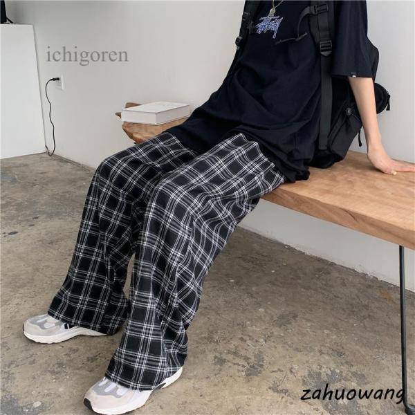 チェックパンツ ワイド レディース 韓国ファッション ストリート ズボン 春 秋 イージーパンツ