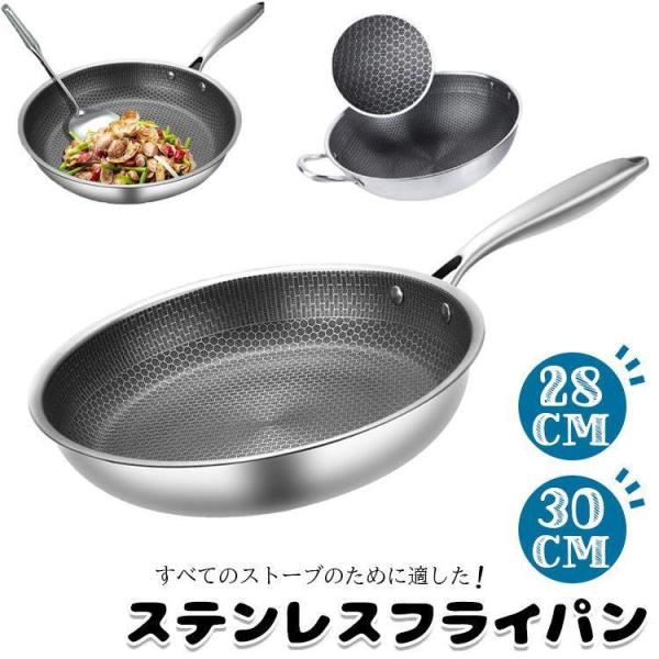 チタン合金 フライパン ステンレス フライパン フライパン ノンスティックフライパン 7層構造 深型高耐久の 深型フライパン 煙霧なし 調理鍋 オール熱源対応 ガ