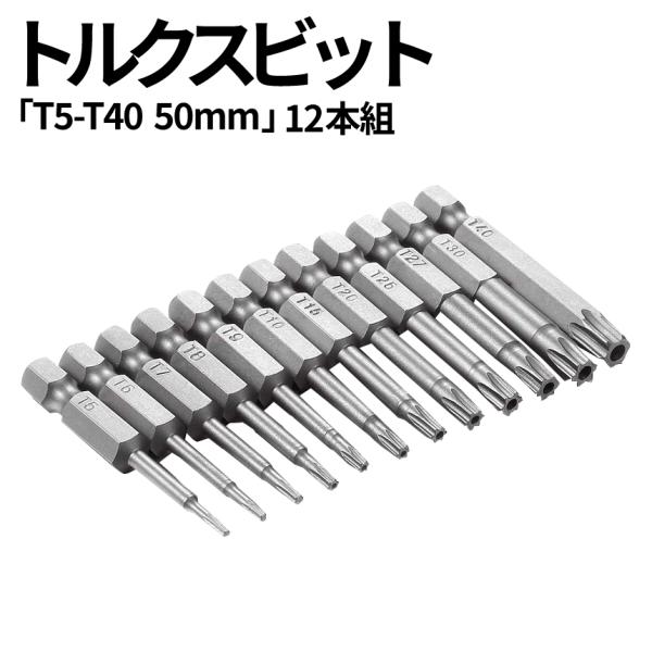 ヘクサロビュラ ビット 12本 セット 50mm ヘックスローブ 中空 トルクス 六角軸 ネジ T5-T40 電動 ドライバー インパクト 工具 DIY いじり止め 穴 TORX12