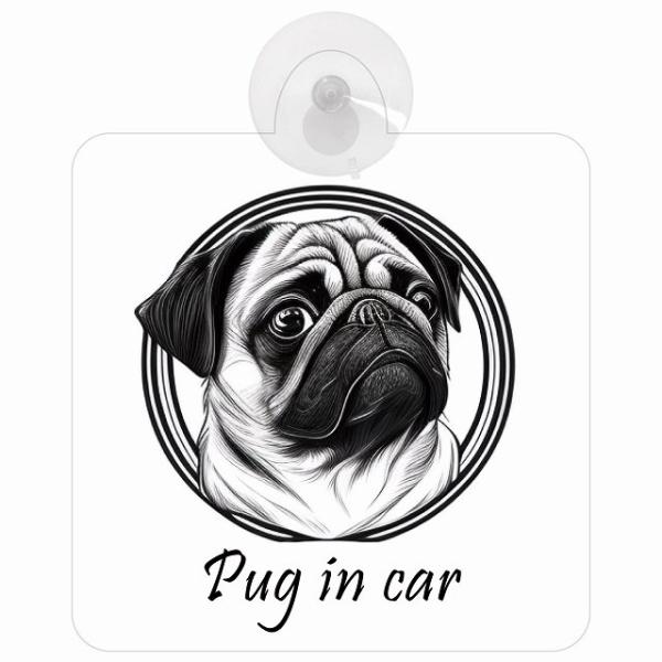 Pug パグ Aタイプ 車 窓ガラス 吸盤タイプ 犬 イラスト付 DOG IN