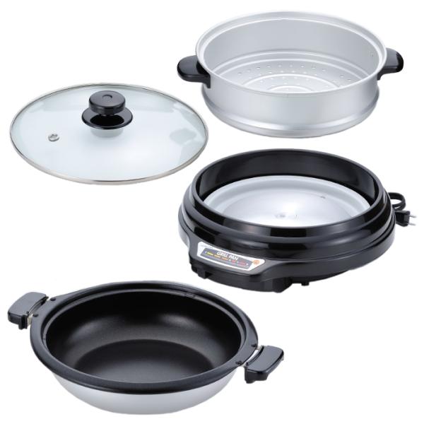 蒸し鍋付きで煮る・焼く・蒸すが1台で楽しめるグリルパン。深型なのであったか煮込み料理に最適。鍋は着脱式で丸洗いできます。中身が見えるガラスふた付。▼ 本体サイズ(約)幅39×奥行36.5×高さ23.5cm▼ その他サイズ(約)[鍋サイズ](...