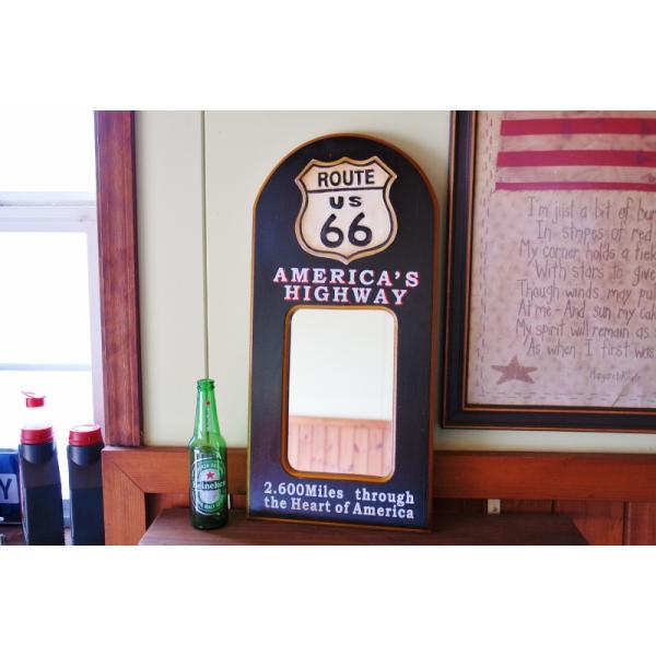 ミラー 壁掛け ルート66 木製 アンティーク ウォールミラー Route66 アメリカン レトロ ミラー 壁掛け ルート66 木製 アンティーク