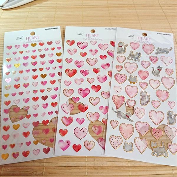 キラキラ2色箔押し ハートシール 3枚セット/04237s プチハート ねこ