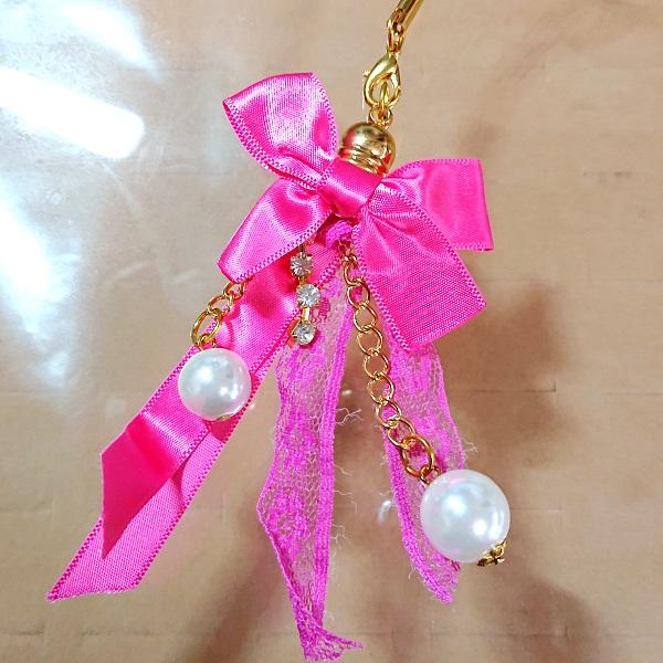サテンリボンとチャーム 携帯ストラップ（チェリーピンク）ks5014