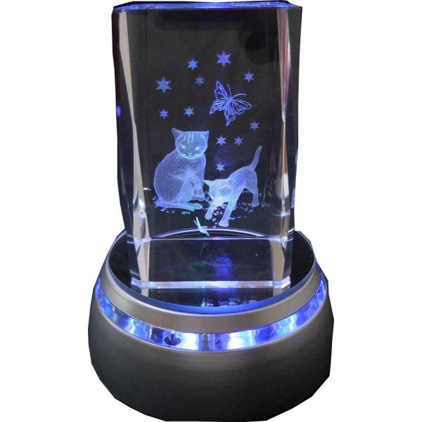 クリスタル 3D レーザー彫刻 猫 LED四色発光台 セット 父の日 : 雑貨
